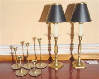 111. Seven 7 items  Pair of Brass Candle Lamps   Set of 5 Brass Candle Sticks