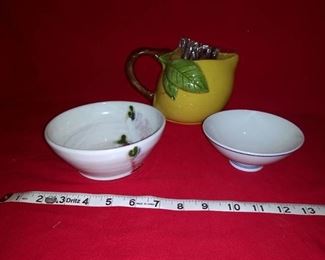 VINTAGE ITALY LEMON SHAPED YELLOW PITCHER/ Antique Multicolored Porcelain Bowl/ Small Foreign Porcelain Dish