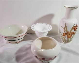 Lot of 4 Collectible Dishware. Milk Glass. Gilded Japanese Vase and More