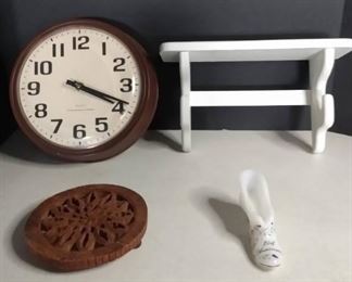 Lot Of 2. Wall Clock And Wall Shelf With Hooks. 2 Miscellaneous Home Art Pieces