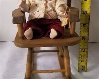Antique Porcelain Doll. Hand Crafted by Phyllis Parkins. With Silver Dollar City Rocking Chair.