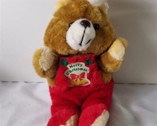 Merry Christmas Bear. Nonworking Button in Overalls for Music.