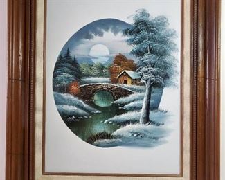 Oil Painting . Signed By NATHAN. Stone Bridge Under a Full Moon on a Winter Night