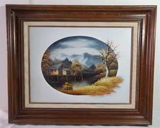 Oil Painting. by Nathan. Fishing Lodge in Front of Foggy Mountains