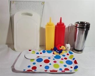 Lot of Kitchen Ware. Condiment Squueze Bottle. Coffee To Go Cup. Cutting Boards and More