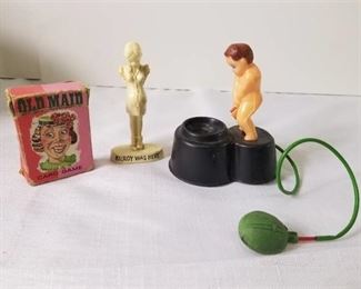 WW2 Kilroy Was Here Statue. Peeing Boy Pump Water Toy. Vintage 1950 Old Maid Card Game.