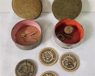 Small Lot of Assorted Items. Vintage Pin Cushion/Compact. Four Wood Nickels.