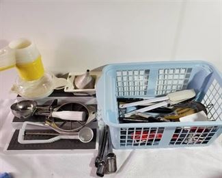 Lot of Miscellaneous Kitchenware. Spice Shelf. Measuring Tools. And More