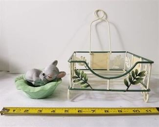Ceramic Sleeping Mouse with Ceramic Lettuce Candle Holder. Small Hanging Basket.
