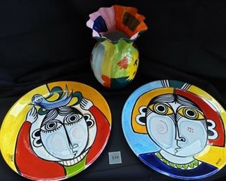 Hand Painted Italian Wall Plates with Paper Mache Vase