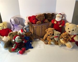 Clearance Lot 1: 16 stuffed animals & a Singing Santa plus a wonderful Longaberger basket, bundle price is $100!