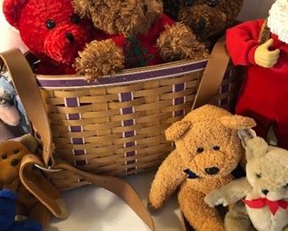 Clearance Lot 1: 16 stuffed animals & a Singing Santa plus a wonderful Longaberger basket, bundle price is $100!