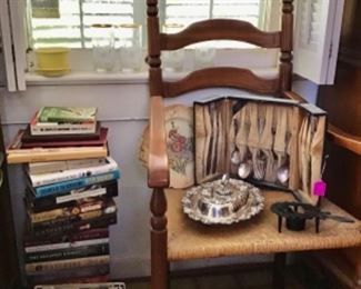 Nice Silver plate, Rush Seat Chair, and still more books