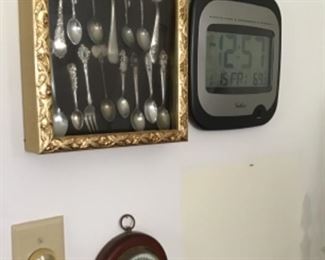 Framed Spoon Collection, Barometer, Digital Clock