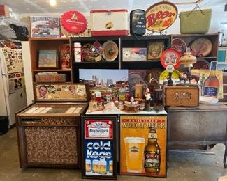 MAN CAVE THEMED TENT Many Lighted Beer signs ALL working, Vintage poker table,  Rockola 1953 WORKING Jukebox, Many Beer Trays authentic
