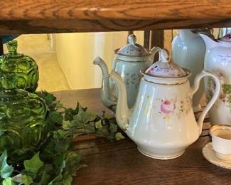 Green lidded candy bowl; teapot and coffee pot