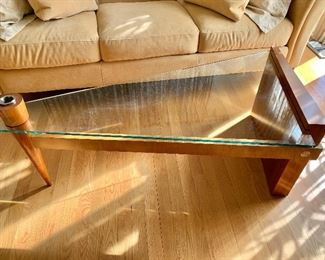 $795 - Hand crafted glass top coffee table. 19.5"H x 45.25"W x 24"D