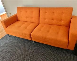$295 - Contemporary two cushion reclining, tufted sofa (back of sofa reclines fully; each piece reclines separately).  32"H x 75.5"W x  31.5"D (seat height 16"H)