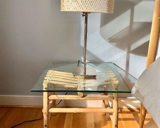 $160 - pair of glass top bedside tables.  Lamp - 23.75"H x 12"D.  Bamboo and glass top table -  17.5"H x 20"W x 20"D LAMP IS SOLD!