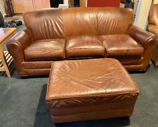$695 -Mitchell Gold three cushion leather sofa:  35"H x  85"W x 39"D (seat height 20"H).  $195 - Ottoman: 17"H x 33.5"W x 25"D