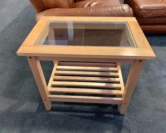 $45 - Wood and glass top side table. 23.5"H x  18"W x 27.5"D