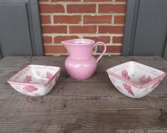 2 Temptation Serving Bowls Pink Vineyard and 1 Nova Studio Pink Sherbet Pitcher