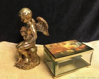 Cherub Trinket Box 8in Gold Cherub