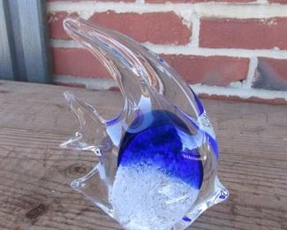 Blown Art Glass Cobalt Blue White and Clear Angel Fish