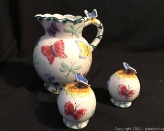 Handpainted Butterfly Pitcher and Matching Salt and Pepper Shakers