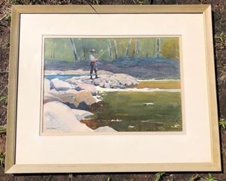 Original Watercolor of a Trout Fisherman by Sears Gallagher (1869–1955) Sears Gallagher was a prolific, commercially successful American artist proficient in multiple media: drawing, etching, watercolor and oil painting. His work consists largely of landscapes, seascapes, and cityscapes depicting his native Boston and northern New England, especially Monhegan Island, Maine. Illustrating magazines and books provided steady work and income, and his etchings and prints attracted popular demand. Gallagher took his art seriously, adapted new techniques, and was open to the influence of European Impressionism. During the height of his career his watercolors were favorably compared to those of Winslow Homer (1836–1910) and F. W. Benson (1862–1910), and his etchings and drypoints to those of James McNeill Whistler (1834–1903).