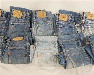 1014	LOT OF TEN PAIRS OF VINTAGE LEVI STRAUSS & COMPANY JEANS W/ ORANGE TABS. ALL ARE YOUTH SIZES; THREE PAIRS ARE SIZE 11, FOUR PAIRS ARE SIZE 10, TWO PAIRS ARE SIZE 9 & ONE PAIR IS SIZE 8. VARYING DEGREES OF WEAR 
