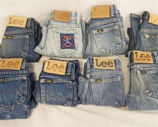 1017	LOT OF EIGHT PAIRS OF VINTAGE USA MADE LEE JEANS. CHILDRENS SIZES 4,5 & 6. VARYING DEGREES OF WEAR 
