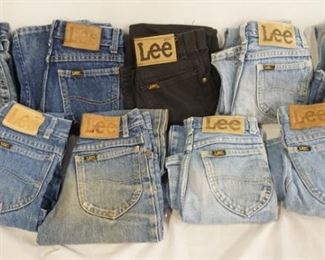 1018	LOT OF NINE PAIRS OF VINTAGE USA MADE LEE JEANS. ALL ARE YOUTH SIZED, SEVEN ARE SIZE 10, TWO ARE SIZE 9. VARYING DEGREES OF WEAR 
