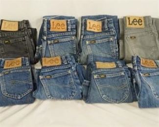 1019	LOT OF TWELVE PAIRS OF VINTAGE LEE JEANS ALL ARE YOUTH SIZE 8. ONE PAIR OF JEANS MARKED MADE IN COSTA RICA, THE REST ARE MARKED MADE IN USA. VARYING DEGREES OF WEAR 
