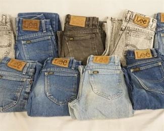 1023	LOT OF NINE PAIRS OF VINTAGE USA MADE LEE JEANS. ALL HAVE A 27 IN WAIST SIZE. VARYING DEGREES OF WEAR
