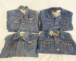 1033	LOT OF FOUR VINTAGE WRANGLER DENIM JACKETS, ALL ARE MARKED MADE IN USA. SIZES ARE; 10, 8, 14, ONE SIZE UNMARKED MEASURES APP. 14 IN SHOULDER TO SHOULDER. VARYING DEGREES OF WEAR 
