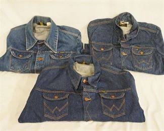 1034	LOT OF THREE VINTAGE WRANGLER DENIM JACKETS ALL ARE MARKED MADE IN USA ONE MISSING SIZE MEASURES APP. 19 IN SHOULDER TO SHOULDER, THE OTHERS ARE SIZES 38 & 40 
