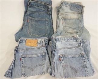 1040	LOT OF FOUR PAIRS OF VINTAGE LEVI STRAUSS & COMPANY JEANS, SIZE PATCHES MISSING/FADED WAIST MEASURMENTS ARE APP. 29 IN, 30 IN & TWO ARE 28 IN. VARYING DEGREES OF WEAR 
