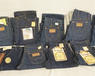 1053	LOT OF NINE PAIRS OF VINTAGE WANGLER JEANS NEW W/ TAGS. TWO ARE YOUTH SIZES 12 & 14, THE REST ARE SIZES 28 X 34, 27 X 32, 27 X 34, TWO ARE SIZE 29 X 36. 29 X 34 & 27 X 36  
