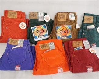 1058	LOT OF SEVEN PAIRS OF VINTAGE LEVIS NEW W/ TAGS, ALL ARE YOUTH SIZES. TWO ARE SIZE 8, TWO ARE SIZE 11 THE OTHERS ARE SIZES 10, 12 & 9 
