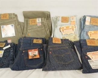 1059	LOT OF EIGHT PAIRS OF VINTAGE LEVIS JEANS NEW W/ TAGS. SIZES ARE; 27 X 32, 27 X 30, 28 X 36, 27 X 28, 28 X 34, 27 X 34, & TWO ARE SIZE 29 X 32 
