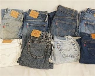1077	LOT OF EIGHT PAIRS OF VINTAGE LEVIS JEANS. SIZES ARE; 33 X32,34 X 30, 32 X 30, 32 X 32, 31 X 32, 34 X 32, & TWO ARE SIZE 30 X 30. VARYING DEGREES OF WEAR 

