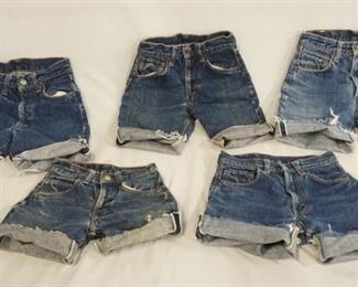 1078	LOT OF FIVE PAIRS OF LEVIS SELVEDGE JEANS THAT HAVE BEEN CUT INTO SHORTS ALL APPEAR TO BE YOUTH SIZES. VARYING DEGREES OF WEAR 
