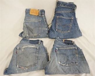 1079	LOT OF FOUR PAIRS OF VINTAGE LEVIS SELVEDGE JEANS THAT HAVE BEEN CUT INTO SHORTS. ONE PAIR WAIST SIZE IS MARKED 28. THE OTHER THREE MEASURE APP. 26, 27 & 28 IN WAIST 
