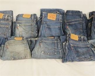 1086	LOT OF TEN PAIRS OF VINTAGE LEVIS JEANS W/ RED TABS, ONE PAIR SIZE TAB IS MISSING MEASURES APP. 26 IN WAIST. THE REST ARE SIZES; 28 X 32, 25 X 30, THREE ARE SIZE 27 X 30, & FOUR ARE SIZE 27 X 28. VARYING DEGREES OF WEAR 
