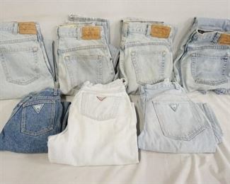 1087	LOT OF SEVEN PAIRS OF JEANS THREE ARE GUESS & FOUR ARE EDDIE BAUER. ALL JEANS EXCEPT ONE PAIR OF EDDIE BAUER JEANS (MARKED MADE IN MEXICO) ARE MARKED MADE IN USA. SIZES OF GUESS ARE MARKED; 27, 31 & 14. EDDIE BAUER SIZES ARE 32 X 32, 29 X 30 30 X 32, & 32 X 30. VARYING DEGREES OF WEAR 
