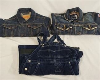 1091	LOT OF TWO LEVIS DENIM JACKETS, BOTH SIZE MEDIUM. ONE JACKET IS DECORATED W/ HARLEY DAVIDSON PATCHES & A PAIR OF OVERALLS SIZE 7X. VARYING DEGREES OF WEAR 
