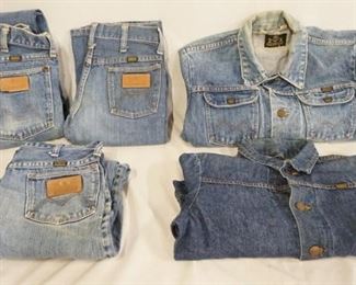 1097	LOT OF THREE PAIRS OF VINTAGE MAVERICK JEANS TWO ARE YOUTH SIZES; 12 & 12, ONE IS SIZE 32 X 32 & TWO DENIM JACKETS ONE IS SIZE 18 THE OTHER IS SIZE 36. VARYING DEGREES OF WEAR 
