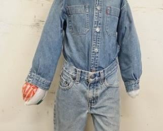 1107	YOUNG BOY MANNEQUIN CLOTHED IN VINTAGE LEVIS JEANS & LEVIS SHIRT, COWBOY BOOTS & COWBOY HAT. HAS NO ARMS & LOSSES TO FACE/HEAD. APP. 47 IN TALL 
