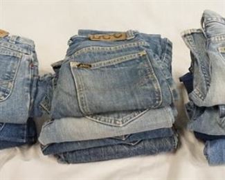 1111	LOT OF 13 PAIRS OF VINTAGE LEE JEANS. SIZES UNKNOWN. VARYING DEGREES OF WEAR 
